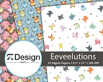 Eeveelutions 8.5"x11" Digital Paper 10 Pack | Party Printables DIY | Evolution Pattern | Kawaii Anime Printable Paper