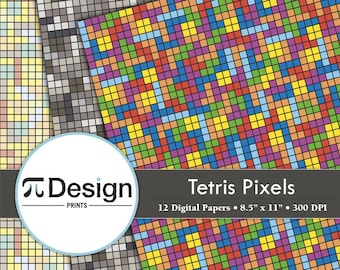 8.5"x11" Tetris Pixels Inspired Paper Pack of 12 | Digital Paper | Retro Game | Pixelated | Seamless Pattern | Paper Set | Direct Download