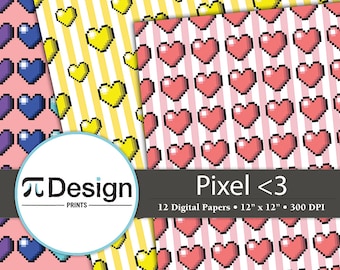Pixel Heart Geeky Valentine Pattern 12"x12" Digital Paper Pack of 12 | 8 Bit Heart | Video Game Paper | Scrapbook Supplies | Geeky Craft