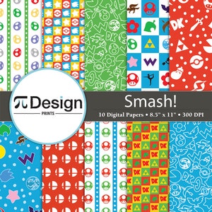 May include: Ten digital papers featuring various video game characters and symbols. The papers are 8.5 inches by 11 inches and 300 DPI. The papers include characters from Super Mario, Donkey Kong, Zelda, and Pokemon.