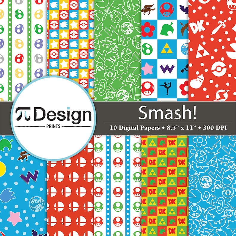 May include: Ten digital papers featuring various video game characters and symbols. The papers are 8.5 inches by 11 inches and 300 DPI. The papers include characters from Super Mario, Donkey Kong, Zelda, and Pokemon.