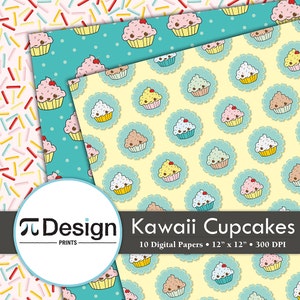 Kawaii Cupcakes 12&quot;x12&quot; Digital Paper Pack of 10 | Seamless Pattern | Scrapbook Paper | Printable Patterns | Instant Download | Kawaii Art