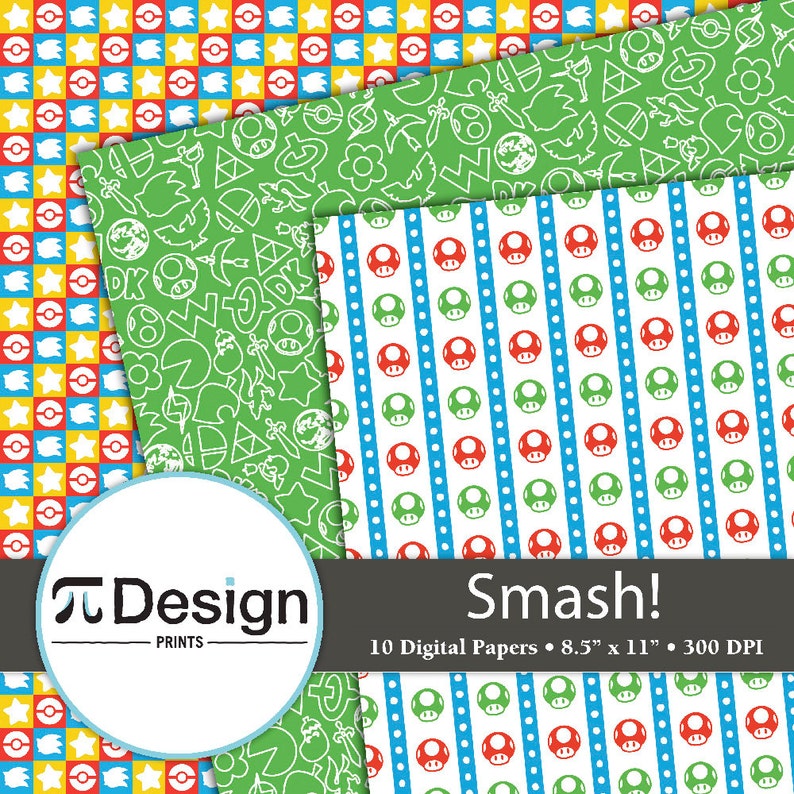 May include: Ten digital papers with a video game theme. The papers feature a green background with white outlines of video game characters and objects, a white background with red and green mushrooms and blue polka dots, and a yellow and blue checkered pattern with red and yellow stars.