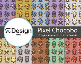 Pixel Chocobo 12"x12" Digital Paper Pack of 10 | FFX | Video Game Paper | Scrapbook Supplies | Geeky Craft