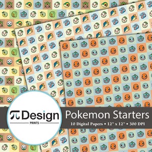 Fire Water and Grass Starters 12&quot;x12&quot; Digital Paper 10 Pack | Alola Region Starters | Kawaii Anime Printable | Video Game Digital