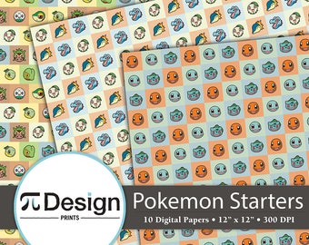 Fire Water and Grass Starters 12"x12" Digital Paper 10 Pack | Alola Region Starters | Kawaii Anime Printable | Video Game Digital