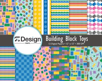 12"x12" Pastel Building Block Toys Digital Paper 12 Pack | Kid's Interlocking Block Pattern | Colorful Pastel Instant Download | Block Brick