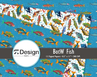 8.5"x11" BotW Fish Digital Paper 12 Pack | Video Game Patterns for Scrapbook, Journal & Craft Supplies | Ocean Theme Paper | Kawaii Fish
