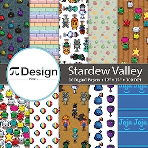 Paquet de 10 papiers numériques inspirés de la vallée de Stardew | Motif agricole en pixels | Papier gaming 8 bits | Papier à motifs Junimo | Création de jeux vidéo