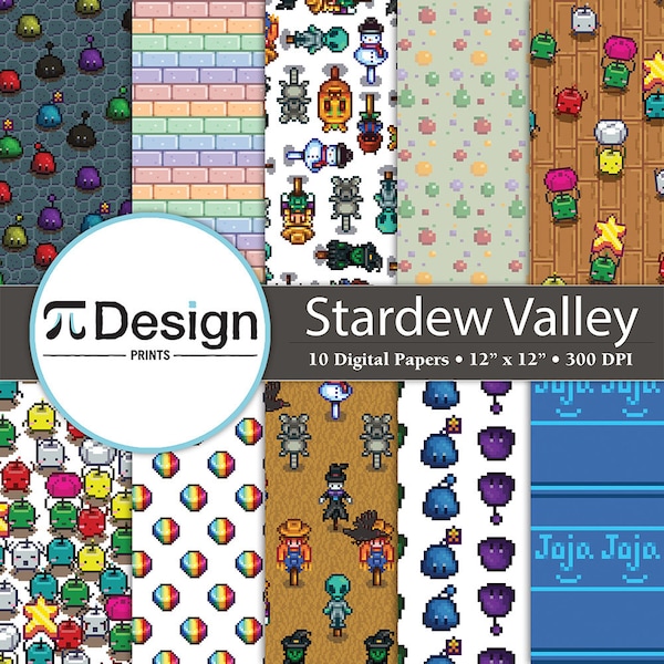 Papel digital inspirado em Stardew Valley 12" x 12" pacote com 10 unidades | Padrão de fazenda de pixels | Papel para jogos de 8 bits | Papel com padrão Junimo | Artesanato para videogame
