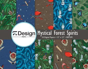 Mystical Forest Spirits 12"x12" Digital Paper 10-Pack | Anime Seamless Hand-Drawn Patterns | Magical Forest Background | Nature Clipart