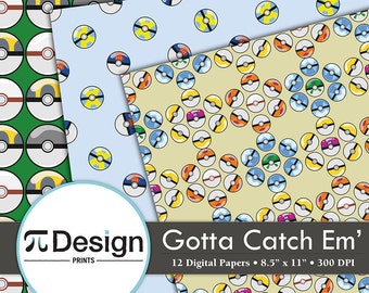 8.5"x11" Monster Ball Digital Paper Pack of 12 | Geeky Scrapbooker | Gotta Catch 'em All | Printable Paper | Download