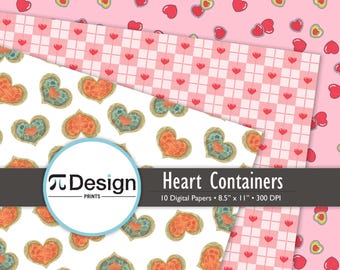 8.5"x11" Heart Container Digital Paper 10 Pack | Retro Adventure Game Inspired Patterns | Geeky Valentine's Day Crafts | Love Hearts