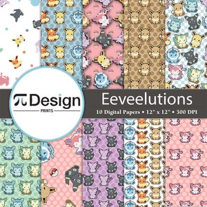 Eeveelutions 12&quot;x12&quot; Digital Paper 10 Pack | Printables | Instant Download | Kawaii Digital Printable | Anime Paper