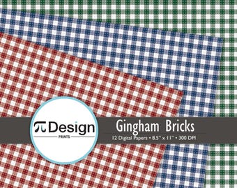 8.5"x11" Building Block Gingham Plaid Digital Paper 12 Pack | Gingham Plaid Pattern | Building Block Plaid Design | Building Bricks Download