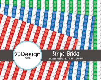 8.5"x11" Striped Building Blocks Digital Paper 12 Pack | Colorful Stripe Pattern | Kid's Building Block Toys | Bold Stripe Blocks