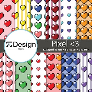 Geeky Valentine Pixel Heart Pattern 8.5&quot;x11&quot; Digital Paper Pack of 12 | 8 Bit Pixel | Scrapbook Paper | Video Game Paper | Direct Download