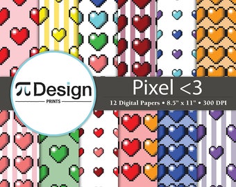 Geeky Valentine Pixel Heart Pattern 8.5"x11" Digital Paper Pack of 12 | 8 Bit Pixel | Scrapbook Paper | Video Game Paper | Direct Download