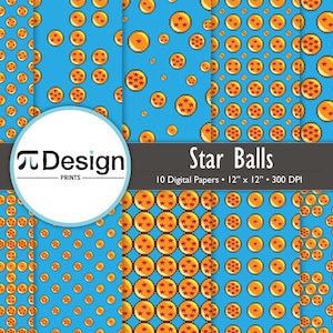 May include: Digital papers featuring a repeating pattern of orange star balls on a blue background. The image includes the text "Star Balls" and "10 Digital Papers - 12" x 12" - 300 DPI". A logo for "π Design PRINTS" is also present.