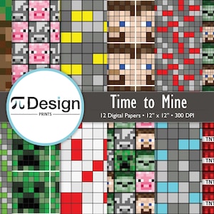 Digitalt papper för gruvdriftsvideospel 30x30 cm | Sömlöst mönster med krypande djur | Pixelerat | Gör-det-själv-gamerpyssel | Utskrivbar nörddesign | 8-bitars pixelkonst bild 1