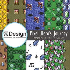 Puede incluir: Una colección de diez papeles digitales con diseños pixelados, cada uno de 12 x 12 pulgadas. Los patrones incluyen monedas de oro, cofres del tesoro, un héroe en el agua, campos verdes, gemas, notas musicales, pollos y pociones. El texto dice "Pixel Hero's Journey".