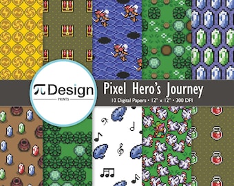 12"x12" Pixel Hero’s Journey Digital Paper 10-Pack | Chests, Rupees, Chickens, Ocarina | 16-Bit Style Patterns for Crafters | Magic Items