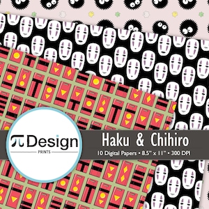 Puede incluir: Papeles digitales con diseños inspirados en la película "El Viaje de Chihiro". Los diseños incluyen Sin Cara, duendes de hollín y rectángulos rojos y amarillos estilizados. Los papeles miden 21,6 cm x 27,9 cm.