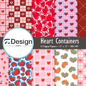 May include: A collection of digital papers with various heart patterns. Designs include red hearts on pink backgrounds, checkered patterns, and heart-shaped patterns. The text "Heart Containers" is displayed.