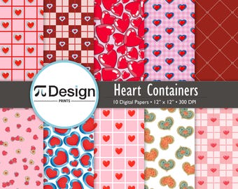 12"x12" Heart Container Digital Paper 10-Pack | Retro Adventure Game Printable Paper | Geeky Valentine's Day Pattern Paper | Geek Nerd Love