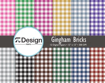 12"x12" Building Block Gingham Plaid Digital Paper 12-Pack | Twelve Gingham Plaid Seamless Pattern | Plaid Repeat Pattern | Brick Blocks