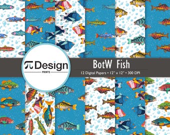 12"x12" BotW Fish Digital Paper 12 Pack | Video Game Seamless Patterns | Gamer Scrapbook & Ocean Craft Printables | Fantasy Adventure Fish