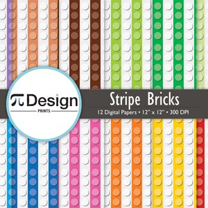 12&quot;x12&quot; Striped Building Blocks Digital Paper 12 Pack | Kids Party Paper | DIY Cards, Stationery, and Gift Wrap | Kids Toy Brick Blocks