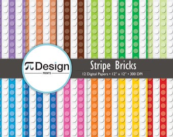 12"x12" Striped Building Blocks Digital Paper 12 Pack | Kids Party Paper | DIY Cards, Stationery, and Gift Wrap | Kids Toy Brick Blocks