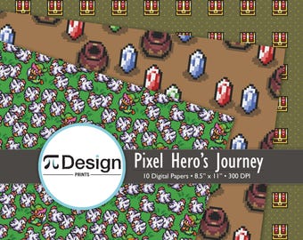 8.5"x11" Pixel Hero’s Journey Digital Paper 10 Pack | Treasure, Swords, Pots & Rupees Patterns | Pixel Art Gamer Scrapbook Set