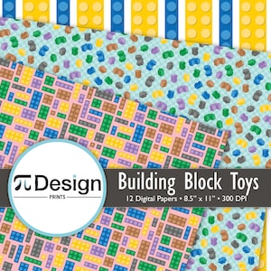8.5&quot;x11&quot; Pastel Building Block Toys Digital Paper 12 Pack | Interlocking Block Pattern | Kid&#39;s Toy Illustration Download | Building Bricks