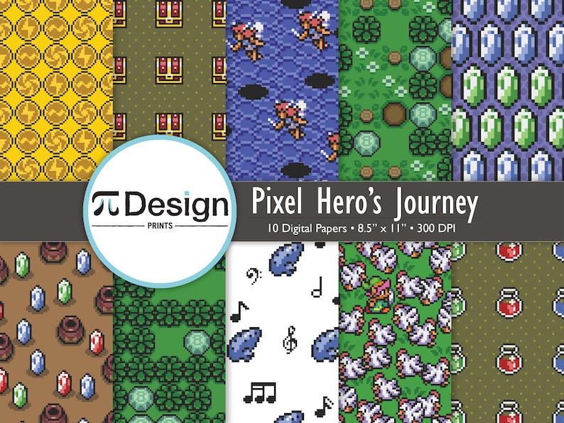 8.5"x11" Pixel Hero’s Journey Digital Paper 10 Pack | Treasure, Swords ...