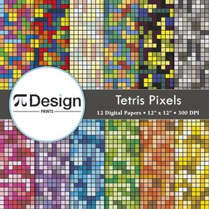 Tetris Pixels Inspired 12&quot; x 12&quot; Paper Pack of 12 | Digital Paper | Retro Game | Pixelated | Seamless Pattern | Paper Set | Direct Download