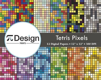 Tetris Pixels Inspired 12" x 12" Paper Pack of 12 | Digital Paper | Retro Game | Pixelated | Seamless Pattern | Paper Set | Direct Download
