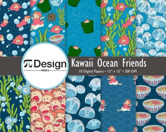 12"x12" Kawaii Ocean Friends Digital Paper 10-Pack | Hand Drawn Anime Ocean Patterns | Anime Inspired Scrapbook Paper | Dark & Light Blue