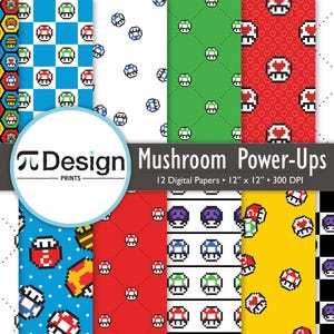 12&quot;x12&quot; Pixel Power-Up Mushrooms Digital Paper 12 Pack | Seamless Patterns for Gamer Crafts | Instant Download  | Retro Platforming Game Art