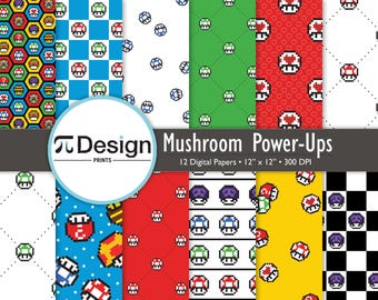 12"x12" Pixel Power-Up Mushrooms Digital Paper 12 Pack | Seamless Patterns for Gamer Crafts | Instant Download  | Retro Platforming Game Art