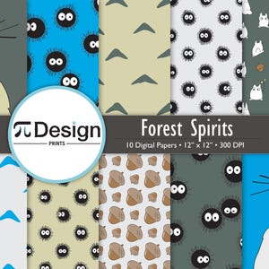 Papel digital Forest Spirit de 30 x 30 cm (paquete de 10) / Patrones sin costuras inspirados en anime / Patrón repetido de sprites de hollín / Fiesta de anime DIY / Fondo