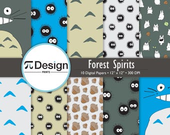 12"x12" Forest Spirit Digital Paper 10-Pack | Anime Inspired Seamless Patterns | Soot Sprite Repeat Pattern | Anime DIY Party | Backdrop