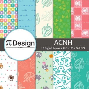 May include: A collection of ten digital papers, each 12" x 12", featuring various patterns and designs. The patterns include repeating motifs of leaves, animal faces, and geometric shapes in a variety of colors, including green, blue, and pink.