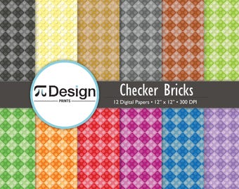 12"x12" Building Block Checkerboard Digital Paper 12 Pack | Building Bricks Checker Seamless Pattern | Building Block Repeat Pattern Design