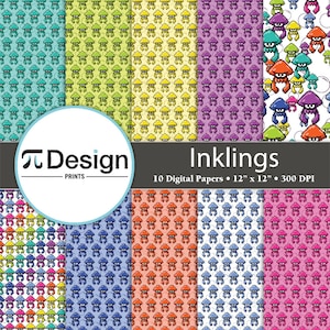 Puede incluir: Diez diseños de papel digital con un patrón repetitivo de criaturas de dibujos animados coloridas con forma de calamar con ojos grandes y tentáculos. El fondo es blanco. El texto "Inklings" está en la parte superior de la imagen. El texto "10 Digital Papers • 12" x 12" • 300 DPI" está debajo del texto "Inklings".