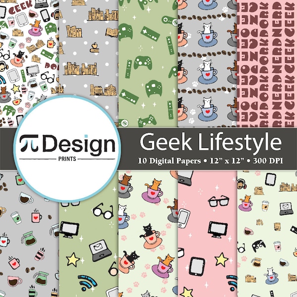 12"x12" Geek Lifestyle Digital Paper 10 Pack | Cats | Coffee | Video Games | Geek | Nerd | Dork | Books | Nerd Lifestyle | Geeky Pattern