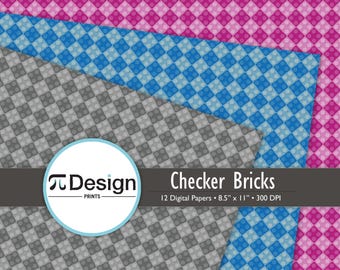 8.5"x11" Building Block Checkerboard Digital Paper 12 Pack | Building Toy Checker Pattern | Colorful Building Blocks | Plaid Download