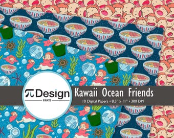 8.5"x11" Kawaii Ocean Friends Digital Paper 10 Pack | Hand Drawn Cute Anime Underwater Patterns | Jellyfish, Sea Plants & Ramen | Anime Art