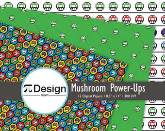 8.5"x11" Pixel Power-Up Mushrooms Digital Paper 12 Pack | Printable Patterns for Gamer Crafts | 8bit Gamer Birthday Party Decorations
